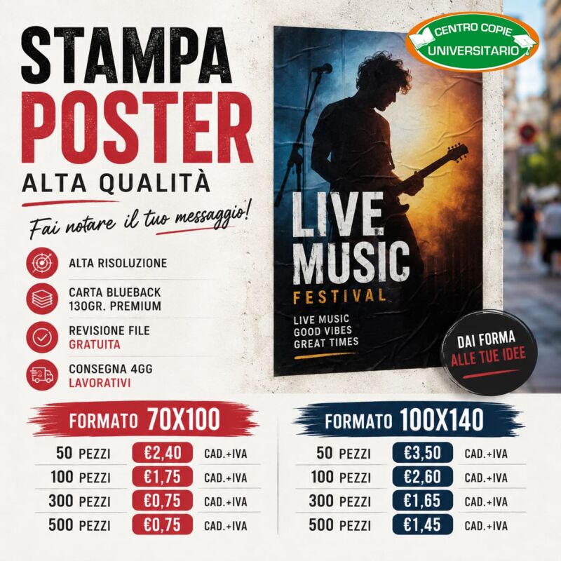 Promozione stampa poster 70x100 e 100x140 del Centro Copie Universitario a Roma